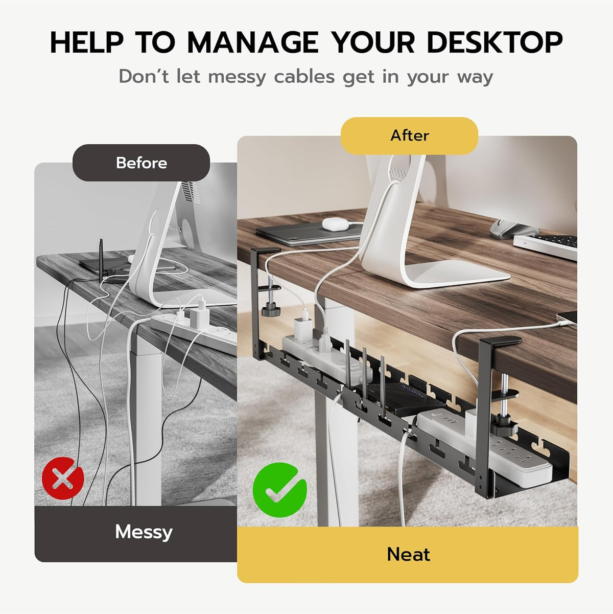 ARES WING 17"-28.7" Extendable Under Desk Cable Management Tray with Cable Slots, Clamp On Cord Organizer Holds Up to 11 lbs, Black Metal Under Desk Storage for Office and Gaming Accessories