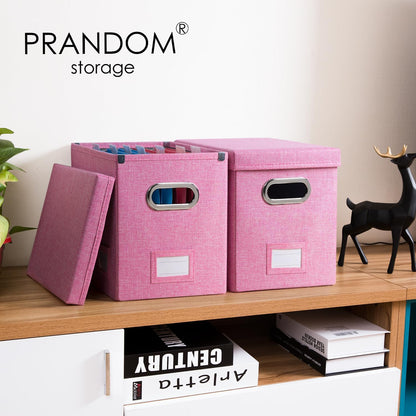 PRANDOM File Organizer Box - Set of 1 Collapsible Decorative Linen Filing Storage Hanging File Folders with Lids Office Cabinet Letter Size Pink (14x9.3x10.8 inch)