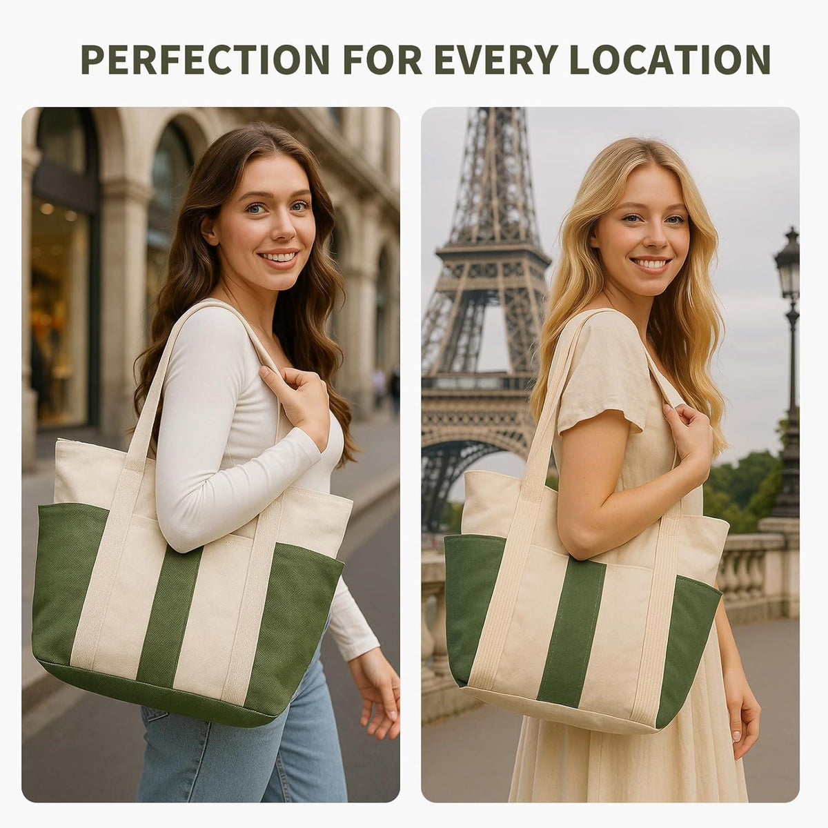 Large Canvas Tote Bag,White and Green, with Laptop Sleeve and Multiple Pockets