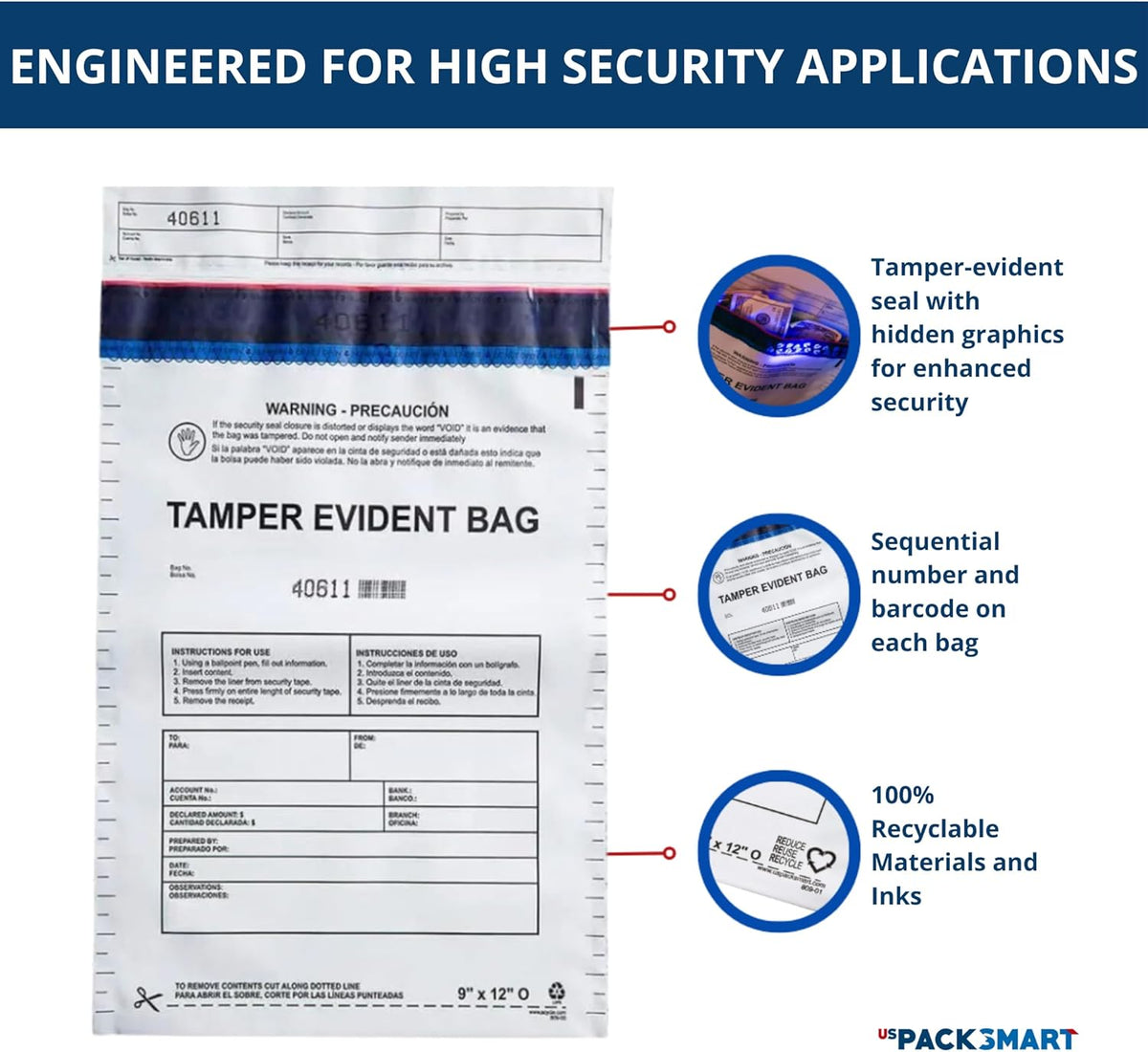 10"x13" Opaque Plastic Deposit Bags with Security Tape Tamper Evident - Secure Bank Deposits, Cash Handling, & Currency Transport | Self-Sealing Tape with Hidden Graphics | 100-Pack