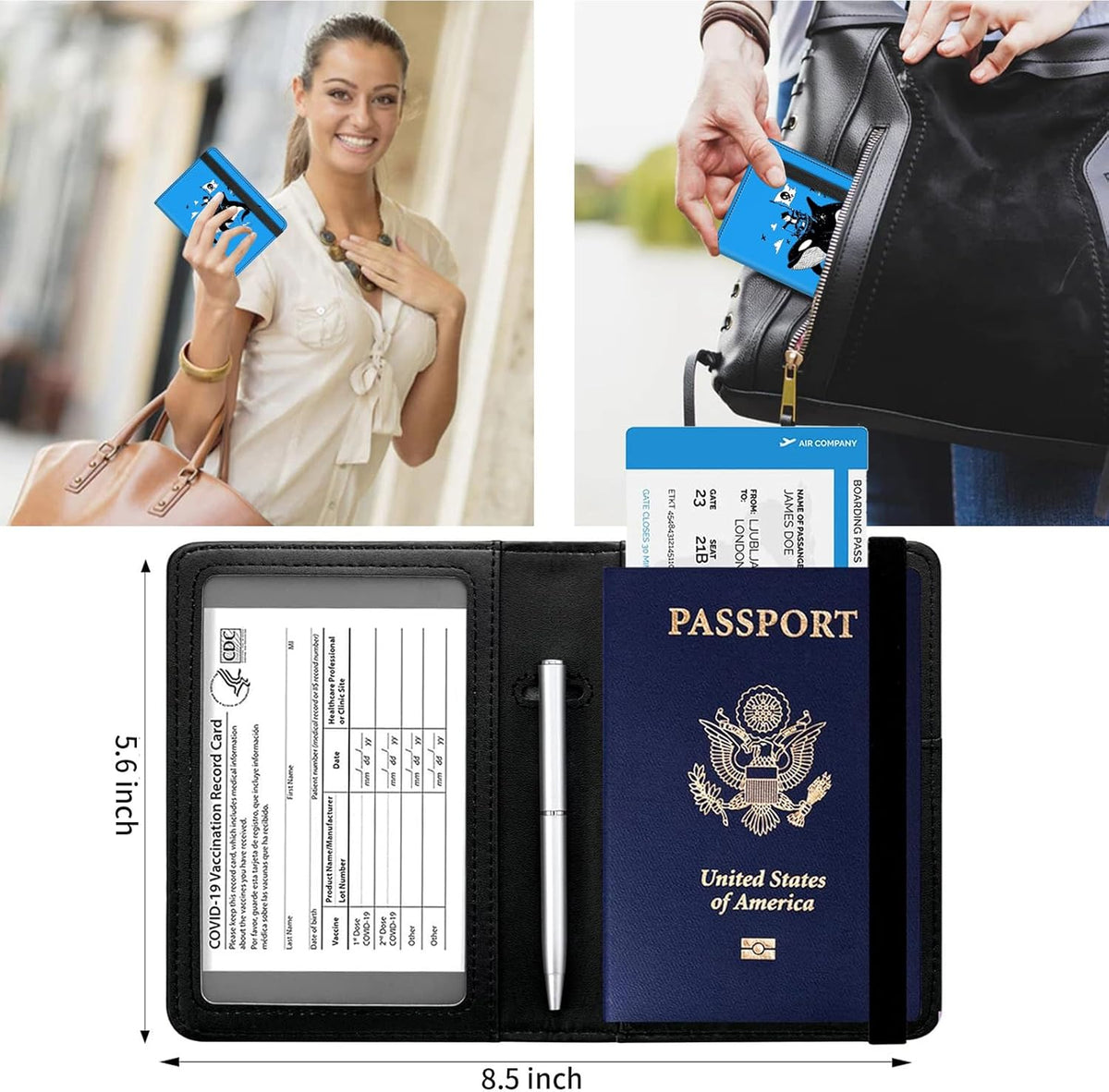 Passport and Vaccine Card Holder Cover Combo,Travel Passport Holder Wallet with RFID Blocking, Leather Vaccine Card Slot Passport Cover Case for Women & Men,Pirate Ship and Dolphin