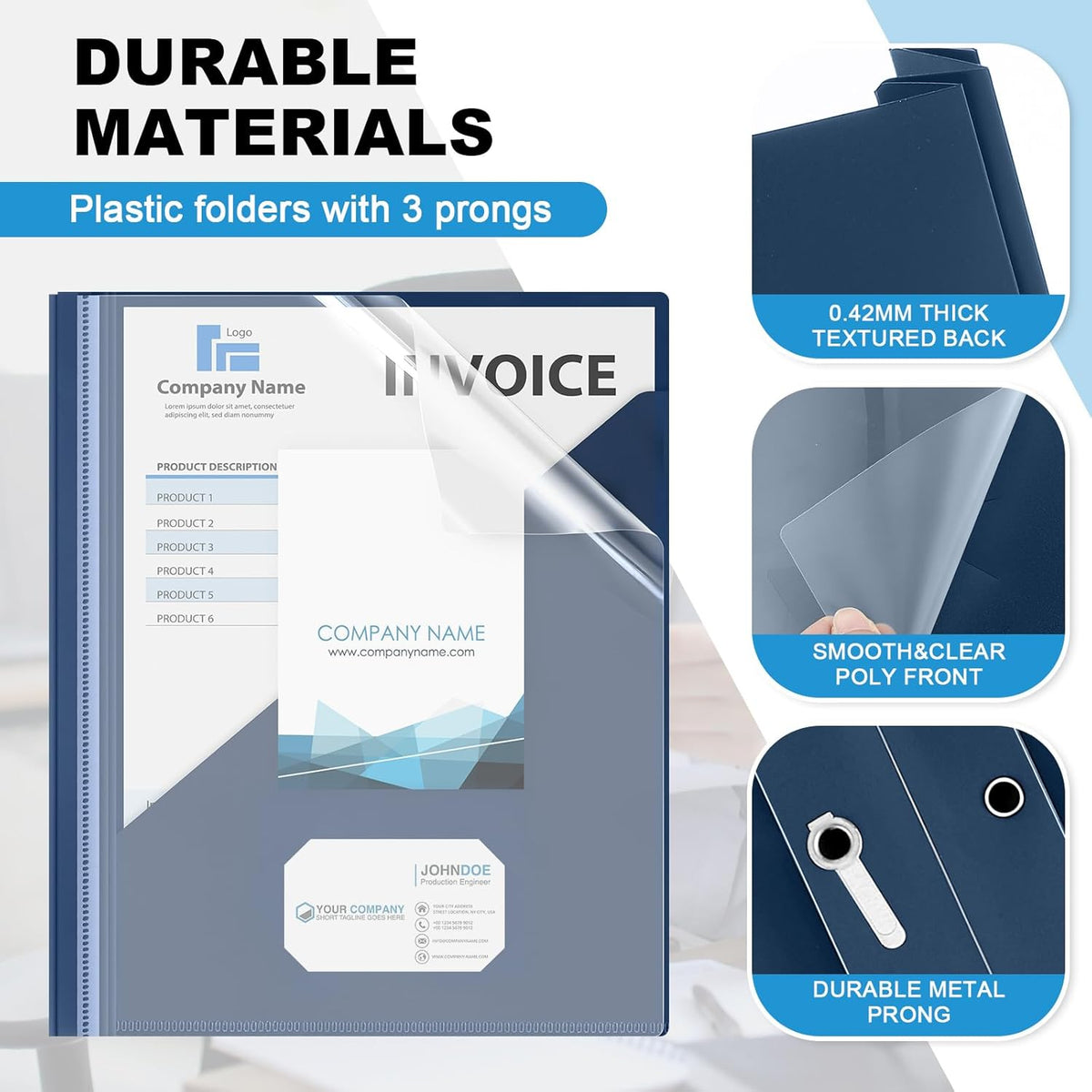 Teling 48 Pack Clear Front Report Covers with 3 Prongs Fasteners, 11.42 x 9.45 Inch Plastic Presentation Folders Bulk, 90 Sheet Capacity, Book File Covers for Office School Business, Navy Blue