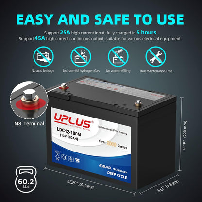 UPLUS 12V 100Ah Deep Cycle Battery, LDC12-100M Maintenance Free BCI Group 27 Size Rechargeable AGM Gel Batteries for Solar, RV, Golf Cart, Mobility, Camping, Backup, Trolling Motor