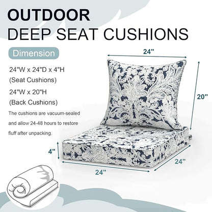 Outdoor Deep Seat Cushion Set, Water Repellent 24"x24" Patio Thick Cushions Replacement with Seat & Back Pillow for Patio Sofa, Wicker Chair, Couch - Damask Lapis
