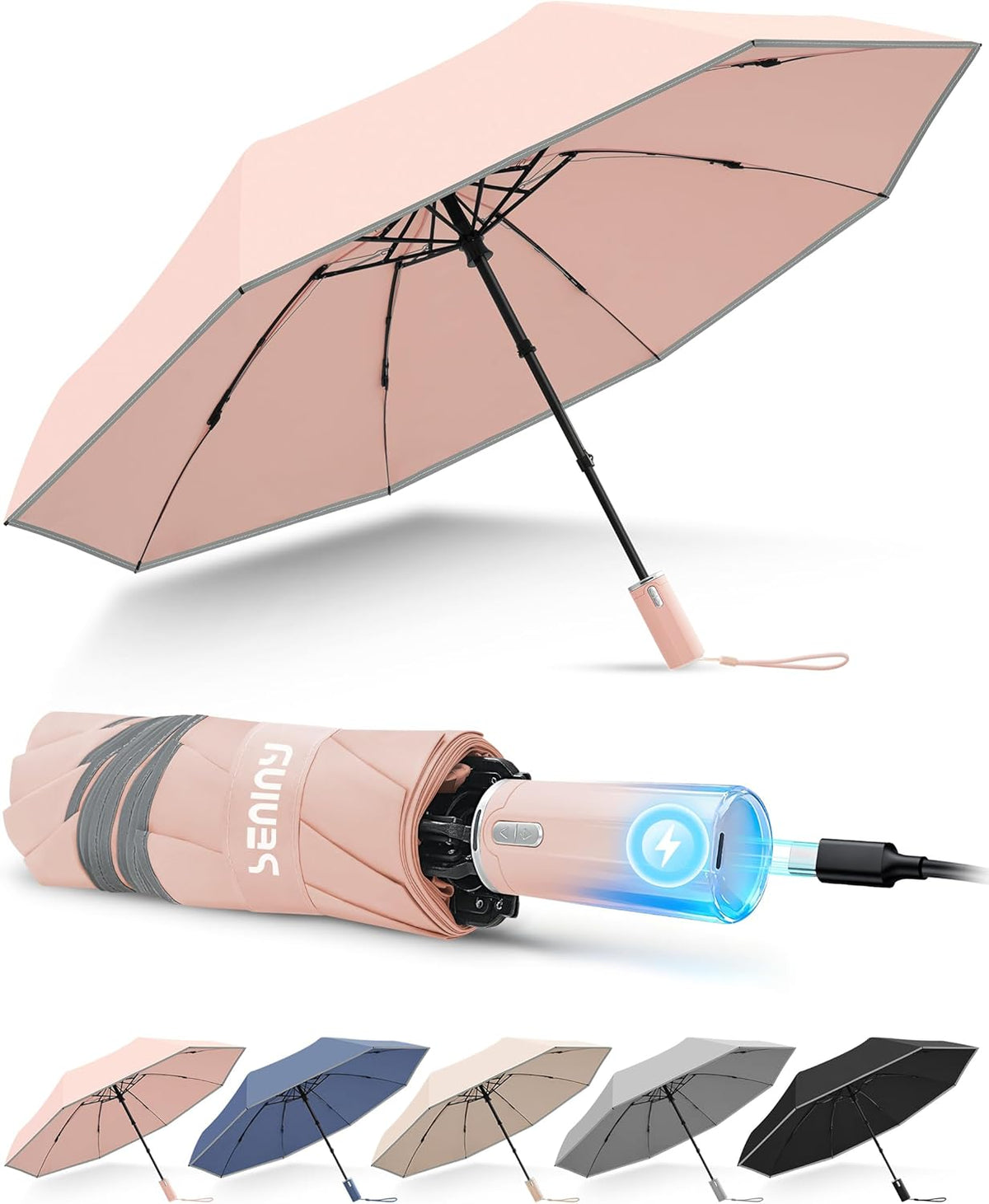 Seniny Electric Travel Umbrella with Intelligent Open Close, Rechargeable Umbrellas for Rain Windproof, Automatic Portable & Compact Umbrella with Reflective Stripe