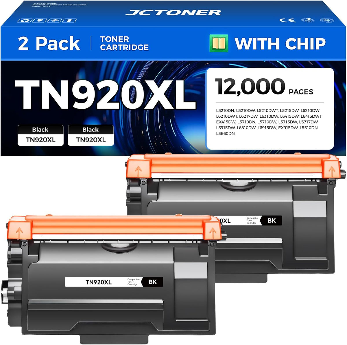 TN920XL Black Toner Cartridge 2-Pack High Yield Compatible for Brother TN920 TN-920XL TN920XXL HL-L6210DW HL-L6210DWT HL-L5210DN HL-L5210DW HL-L5210DWT HL-L6310DW MFC-L5710DW DCP-L5510DN Printer Ink