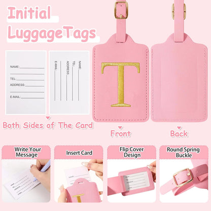 Initial Letter Luggage Tag for Suitcase, Cute Luggage Bag, Waterproof PU Leather Travel Luggage Tag, Suitcase Identifier Name Tag, Monogrammed Suitcases Tags, Bag Tags for Handbags(Pink T)