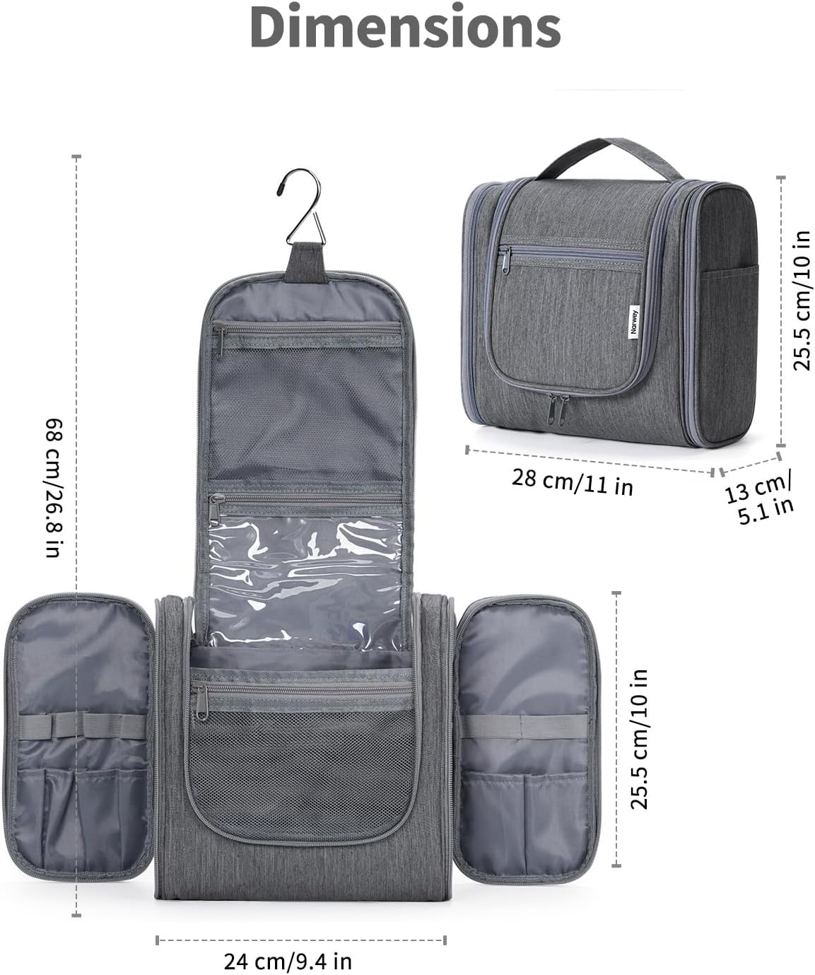 Narwey Hanging Toiletry Bag for Women Travel Makeup Bag Organizer Toiletries Bag Men for Cosmetics Essentials Accessories (Large, Grey)