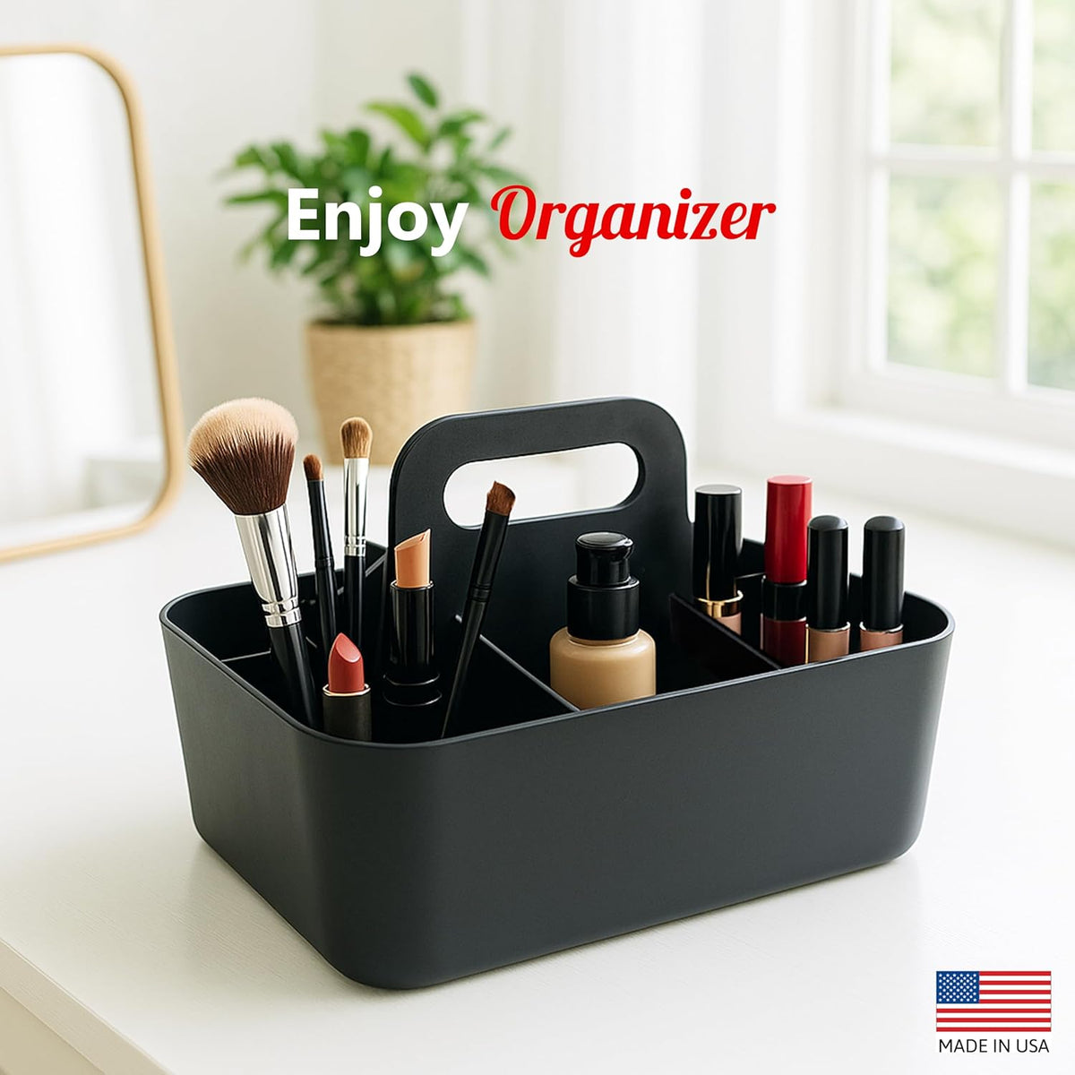Small Stackable Plastic Caddy with Handle 6 Compartment | Desk, Makeup, Dorm Caddy, Classroom Art Organizers - 4 Pack, Made In USA (Black)
