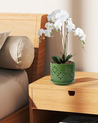 EFISPSS Orchid Pots with Holes,5+6 Inch Ceramic Plant Pots with Drainage Holes and Tray,Enhanced Drainage and Ventilation,Flower Pots for Indoor/Outdoor Plants for Repotting - Green