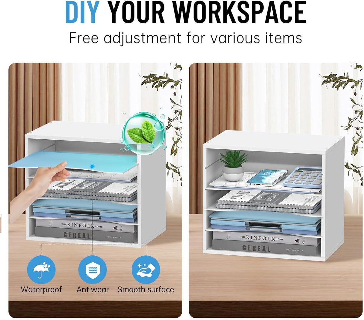 5-Tier Wood Desk Organizer, Paper Tray Organizer for Desk with Adjustable Storage Shelves, Desktop Paper Sorter Mail Holder for Office Home Classroom, White