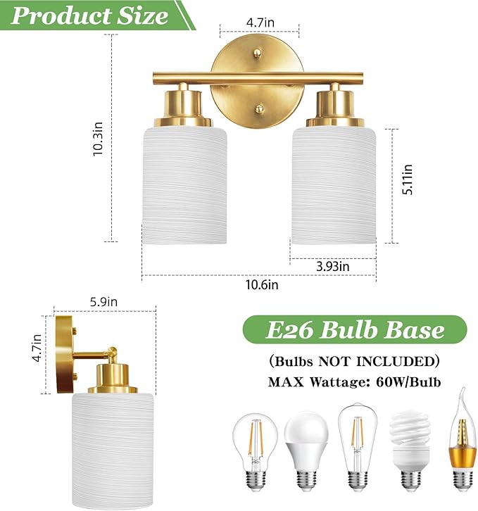 Guliaofo 2-Light Vanity Lights, Brushed Gold Bathroom Light Fixture