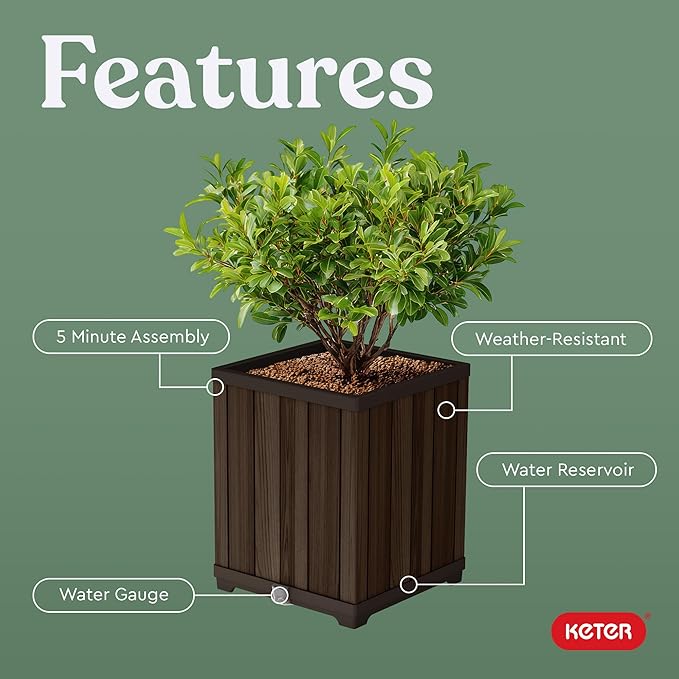 Keter Signature 21.6 Inch Tall Square Large Wood Look Planter for Indoor or Outdoor Flower Pot Ideal for Patio Deck and Front Porch Decor, Rosewood