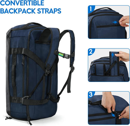 Haimont 60L Large Duffel Bag Backpack for Men Women, Travel Bag with Shoes Compartment, Convertible Duffel Backpack, Sports, Camping, Overnight, Water-Resistant, Navy Blue