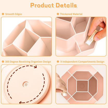 Pencil Pen Holder for Desk,9 Slots 360 Degree Rotating Desk Organizers,Desktop Storage Stationery Supplies Organizer, Cute Pencil Cup Pot For Office, School, Home(Pink)