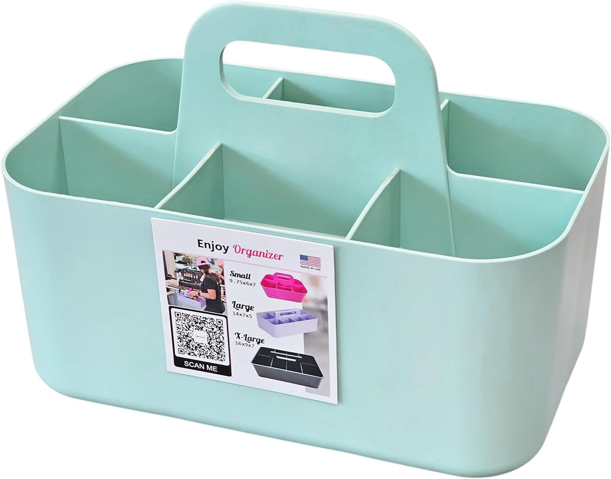 Small Stackable Plastic Caddy with Handle 6 Compartment | Desk, Makeup, Dorm Caddy, Classroom Art Organizers - 4 Pack, Made In USA (Mint)