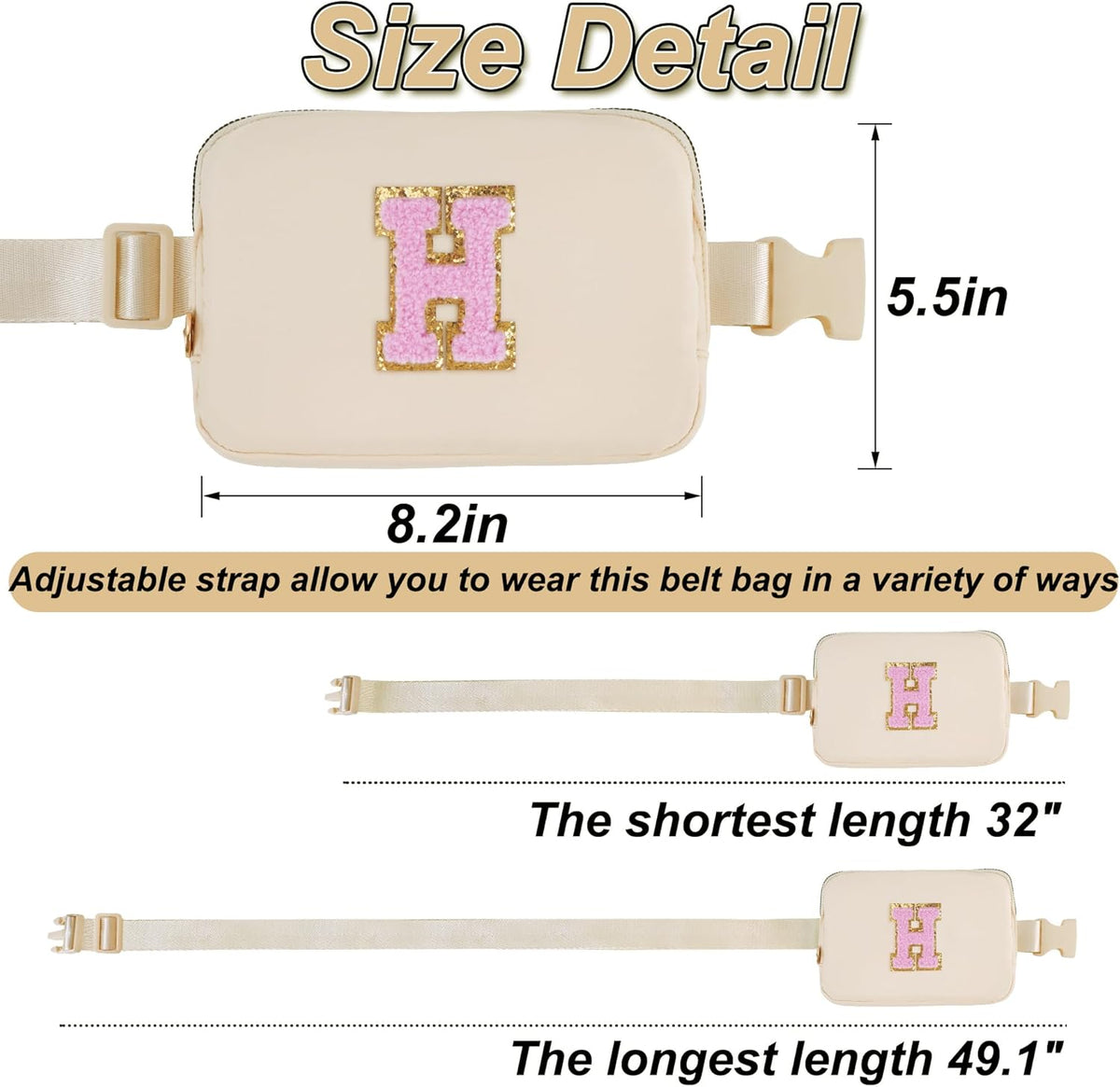 Belt Bag Fanny Pack Crossbody Bags with Initials Letter Patch Cute Stuff Birthday Gifts for Teenager Girls Trendy Stuff for Teens | Khaki,H