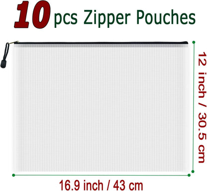 AUSTARK 10 Pcs Zipper File Bags, Waterproof Plastic Mesh Pouch for Office School, Board Game Storage Bags (A3 Size 16.9''x12'', White and Black)