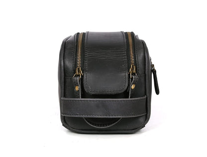 10" Premium Leather Toiletry Travel Pouch With Waterproof Lining Black Color | King-Size Handcrafted Vintage Shaving Kit By Aaron Leather Goods (Florida Black)