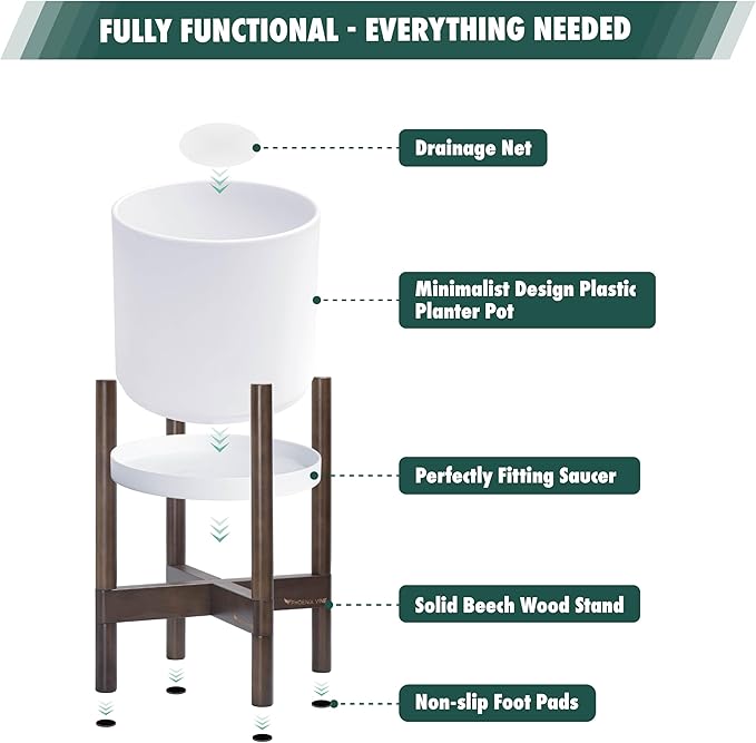 D'vine Dev Planter Pot with Stand - 10 Inch Plastic Cylinder Flower Pot with Wood Planter Holder for Indoor, Matte White Pot + Walnut Color Stand, 55-C-L-1