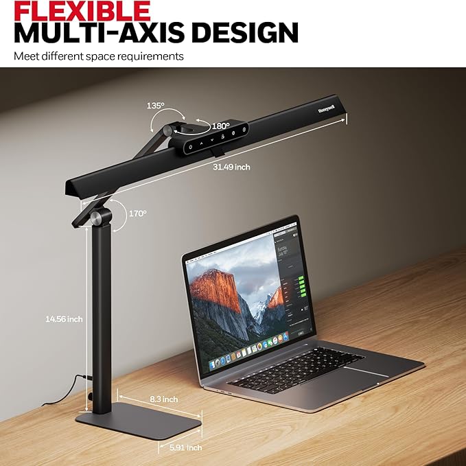Honeywell LED Desk Lamp with Base - HJ1BK Sunturalux Eye-Caring Architect Desk Lamp for Home Office, 1200LM Computer Desk Light 4 Color Modes Stepless Dimming Task Desk Light with Timer Function Black