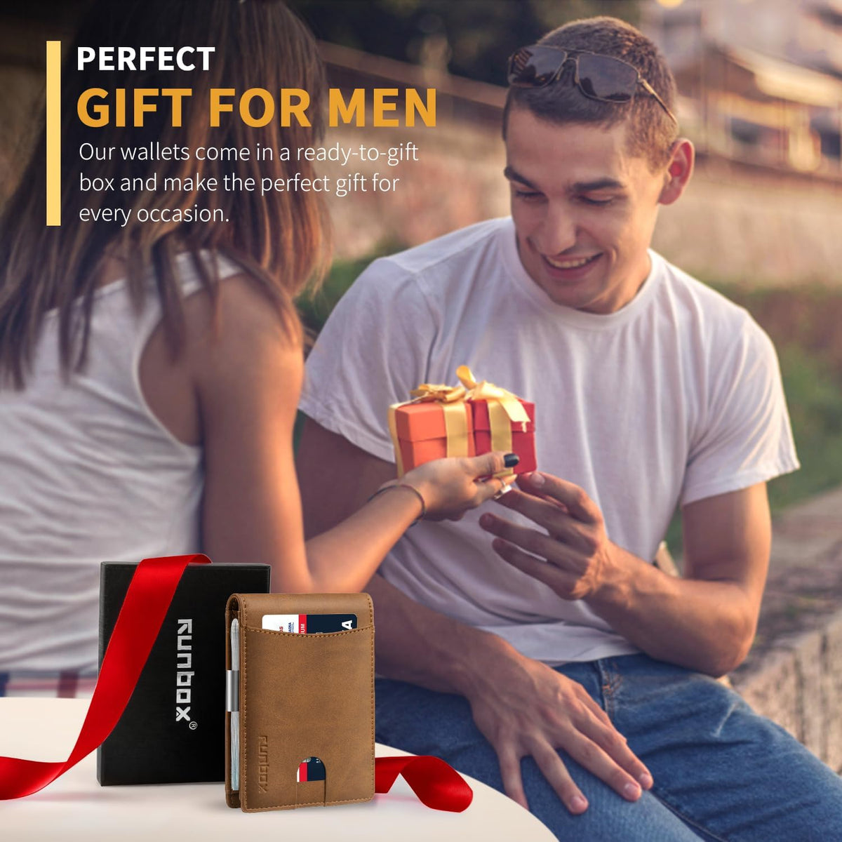 RUNBOX Money Clip Slim Wallets for Men RFID Blocking 11 Card Holder Minimalist Small Leather Bifold Men's Front Pocket Wallet Gift Box