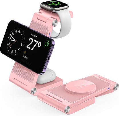 Magnetic Wireless Charger Stand, 3 in 1 Foldable Wireless Charging Station, Travel Charger for Multiple Devices for iPhone 16 15 14 13 12 Series, Apple Watch Ultra/SE/9/8/7/6/5/4/3/2, AirPods