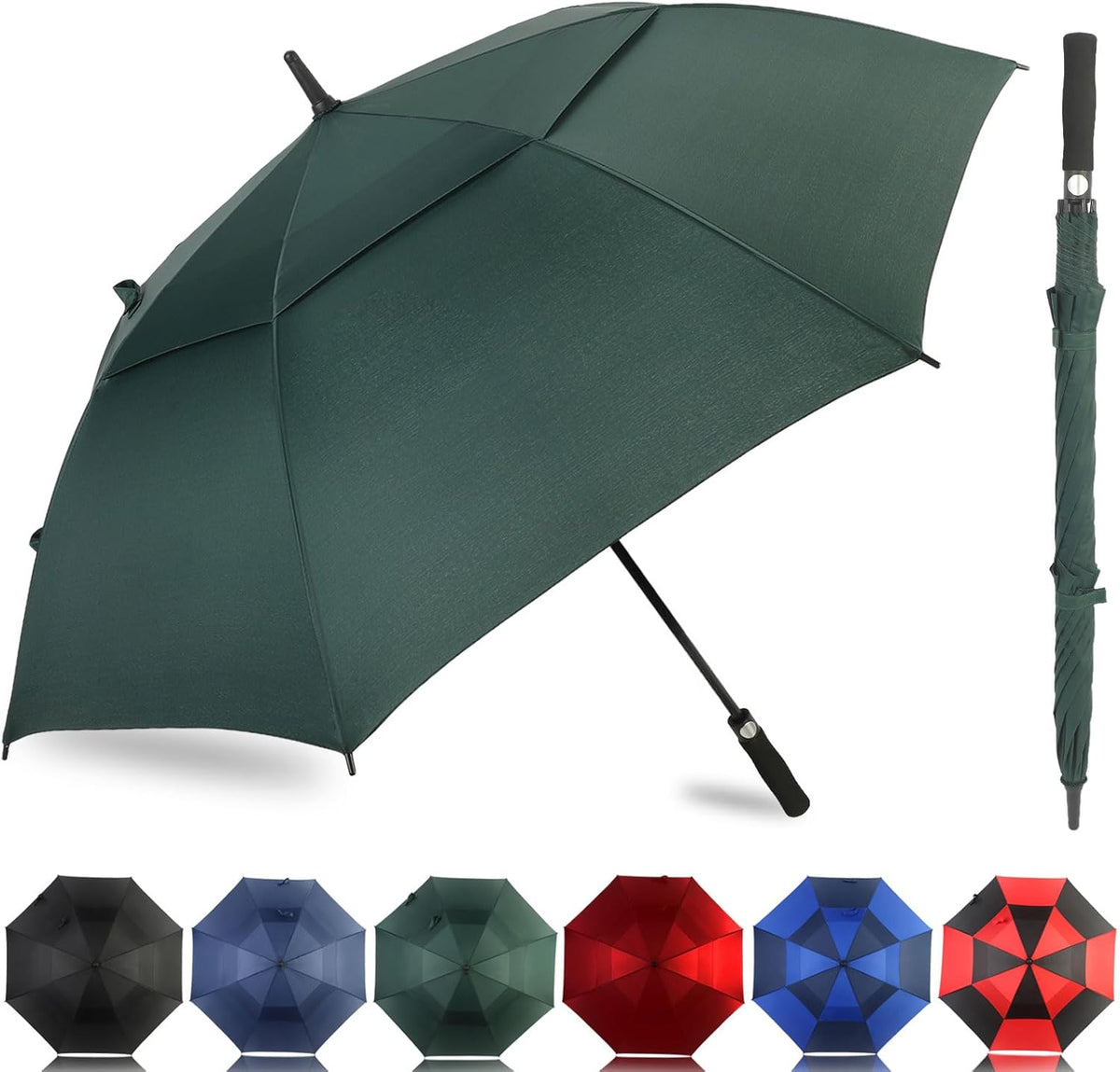 LLanxiry Automatic Open Golf Umbrella 54/62/68/72 Inch, Extra Large Windproof Vented Double Canopy Stick Umbrella, 210T Pongee Waterproof SPF 50+, Fiberglass Ribs, EVA Grip for Golf & Commute
