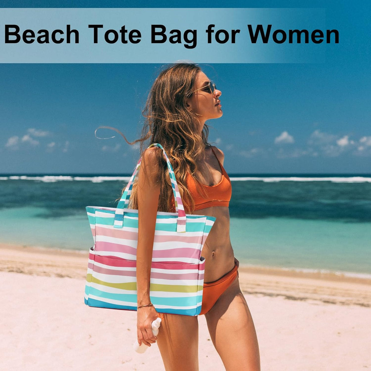 LEDAOU Beach Bag Waterproof Sandproof Women Tote Bag Pool Bag with Zipper for Gym Grocery Travel with Wet Pocket