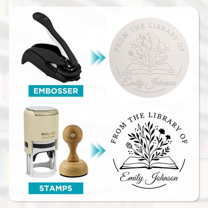 Custom Library Embosser - Style 103 - Embosser, Wood Stamp or Self Inking Stamp - Book Embosser Includes 50 Gold Seals - Custom Stamp Seal from The Library of