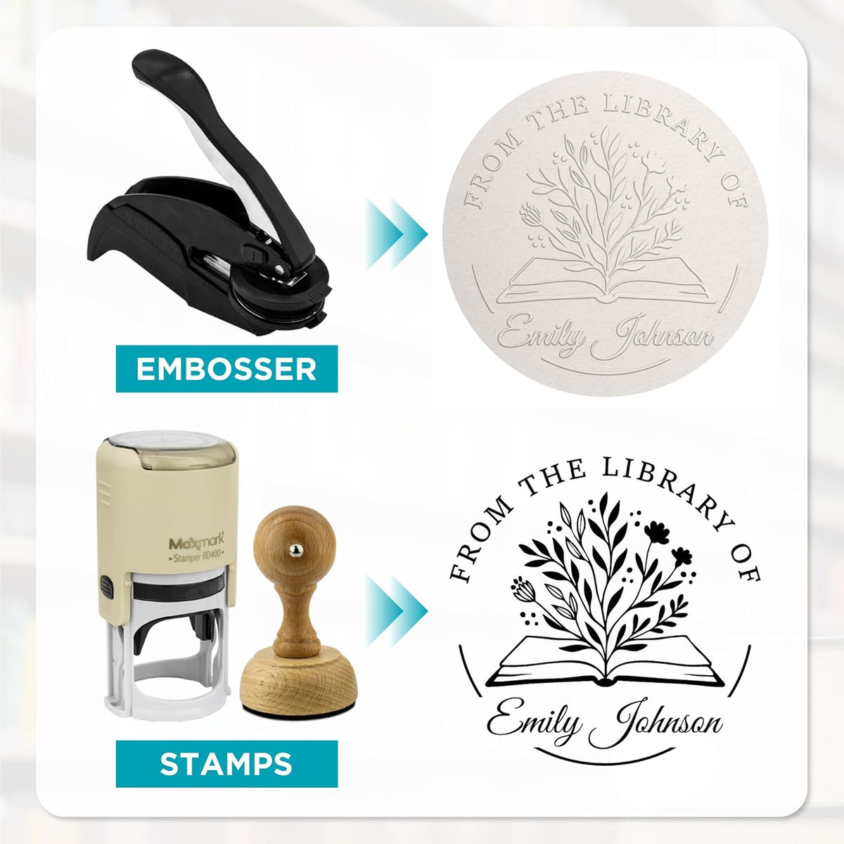 Custom Library Embosser - Style 106 - Embosser, Wood Stamp or Self Inking Stamp - Book Embosser Includes 50 Gold Seals - Custom Stamp Seal from The Library of