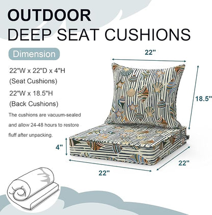 Outdoor Deep Seat Cushion Set, Water Repellent 22"x22" Patio Thick Cushions Replacement with Seat & Back Pillow for Patio Sofa, Wicker Chair, Couch - Crayon Shells