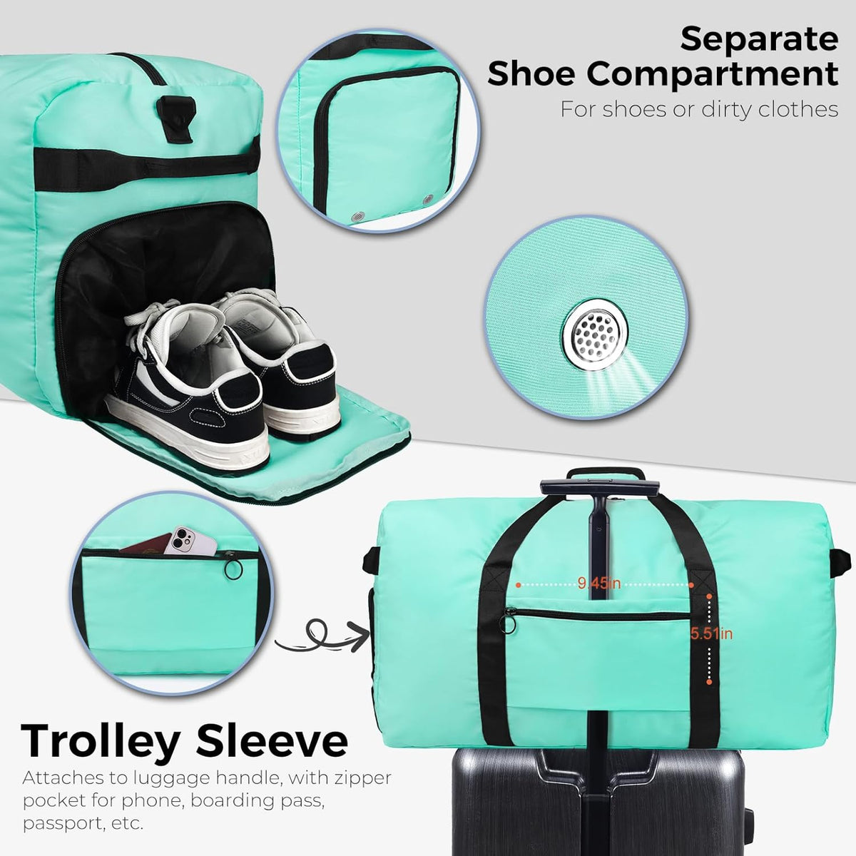 Fmeida 65L Duffle Bag with Shoes Compartment, Foldable Travel Duffel Bags for Men Women, Large Packable Travel Bag Water Repellent & Tear Resistant (Mint Green)