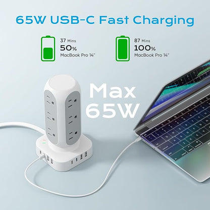 TenTrend 65W Fast Charging Station, Flat Plug Power Strip Tower