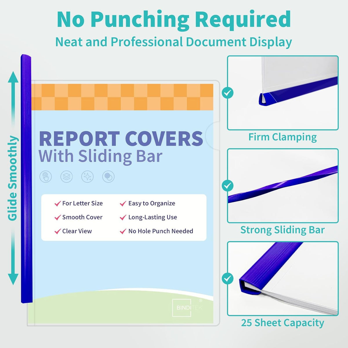 Binditek 12 Pack Clear Report Covers with Navy Sliding Bars, 25 Sheet Capacity, 5mm Binding Bars, Letter Size, 5.5 Mil Thick, for Students and Coworkers