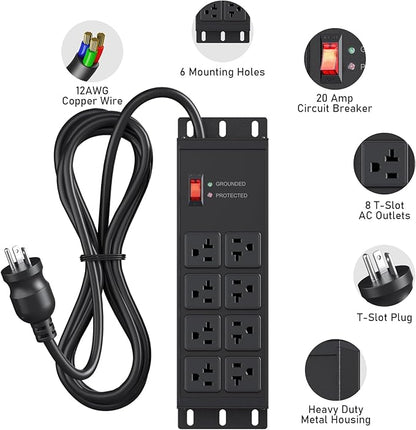 JUNNUJ Heavy Duty 20 Amp Surge Protector 4800J, Garage Metal 8 Outlets 12 Gauge