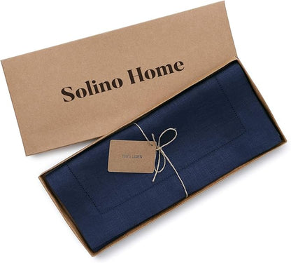 Solino Home Linen Navy Blue Table Runner 108 Inches Long - 100% Pure Linen 14 x 108 Inch Table Runner for Christmas, New Year - Classic Hemstitch