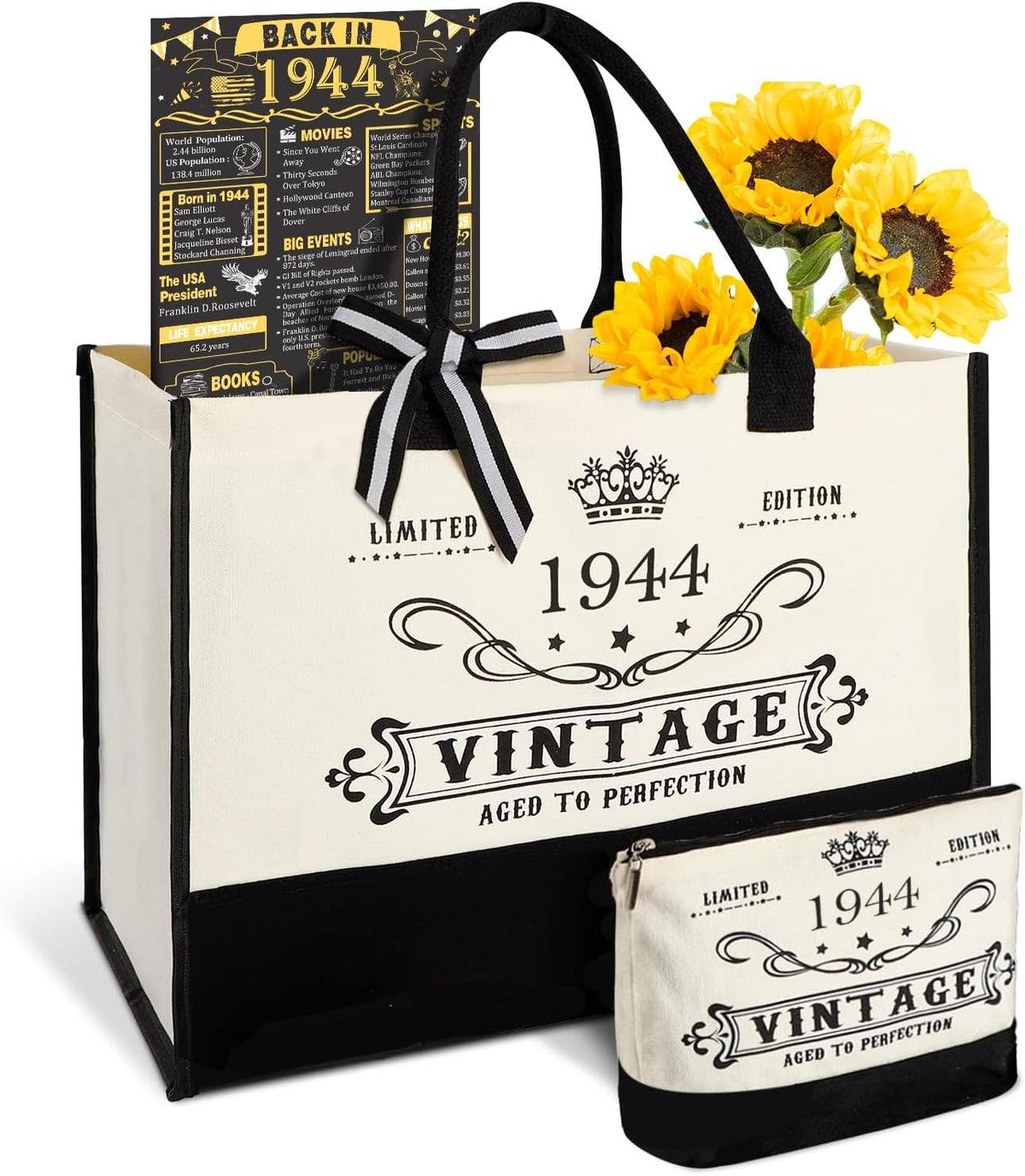 YeohJoy 81st Birthday Gifts for Women Canvas Tote Bag Travel Gear, Unique 81 Years Old Birthday Gifts for Girlfriend Sister Friends Her, Vintage 1944 Handbag & Cosmetic Bag & Back in 1944 Poster