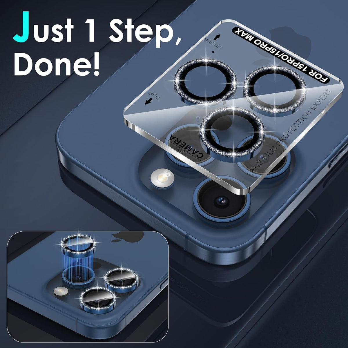 YWXTW Designed for iPhone 15 Pro/iPhone 15 Pro Max Camera Lens Protector Bling, [New Glitter Design] Individual Metal Tempered Glass Camera Cover Accessories Case Friendly (Blue Titanium Glitter)