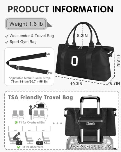 Initial Travel Duffel Bag Sports Gym Bag for Boys Teen Birthday Gifts,Black Personalized Weekender Bag Carry On Tote Bags for Men,Waterproof Overnight Luggage Bag Airplane Travel Essentials(Letter O)