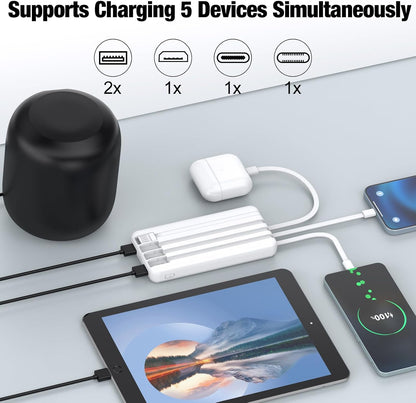 Portable Charger with Built in Cables,High Speed Power Bank 10000mAh Travel Battery Pack 5 Outputs 3 Inputs Portable Phone Charger Backup Battery for iPhone, Samsung, iPad,Tablets (White)