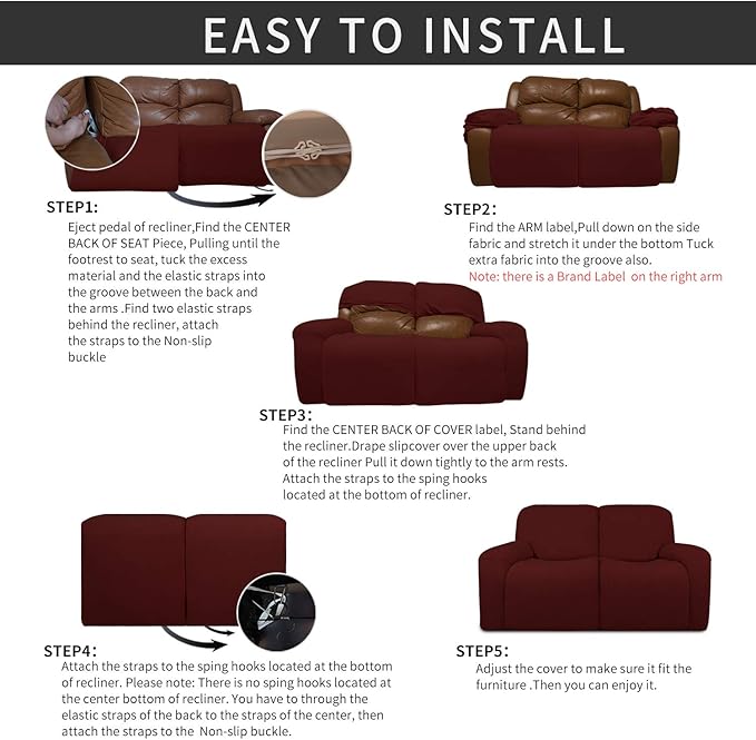 Easy-Going 6 Pieces Recliner Loveseat Stretch Sofa Slipcover Sofa Cover Furniture Protector Couch Soft with Elastic Bottom Kids, Spandex Jacquard Fabric Small Checks Wine