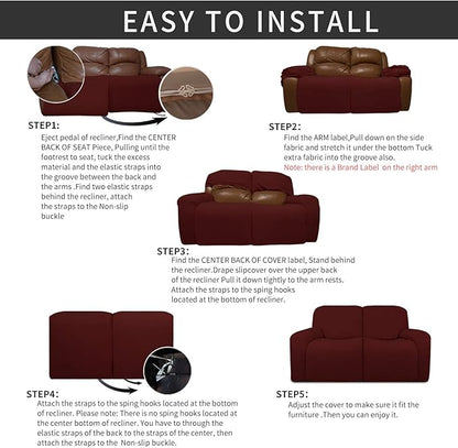 Easy-Going 6 Pieces Recliner Loveseat Stretch Sofa Slipcover Sofa Cover Furniture Protector Couch Soft with Elastic Bottom Kids, Spandex Jacquard Fabric Small Checks Wine