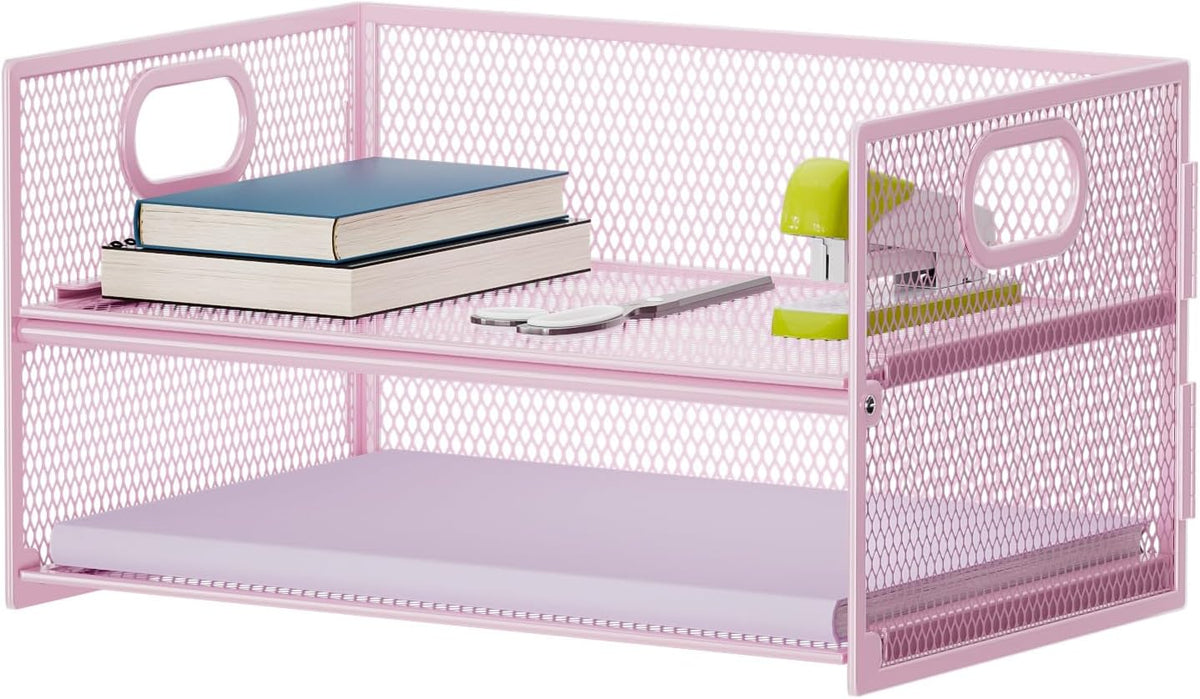 Marbrasse 2 Tier Paper Organizer Letter Tray, Mesh File Organizer with Handle, Paper Sorter Desk Organizer for Home Office Supplies - Pink