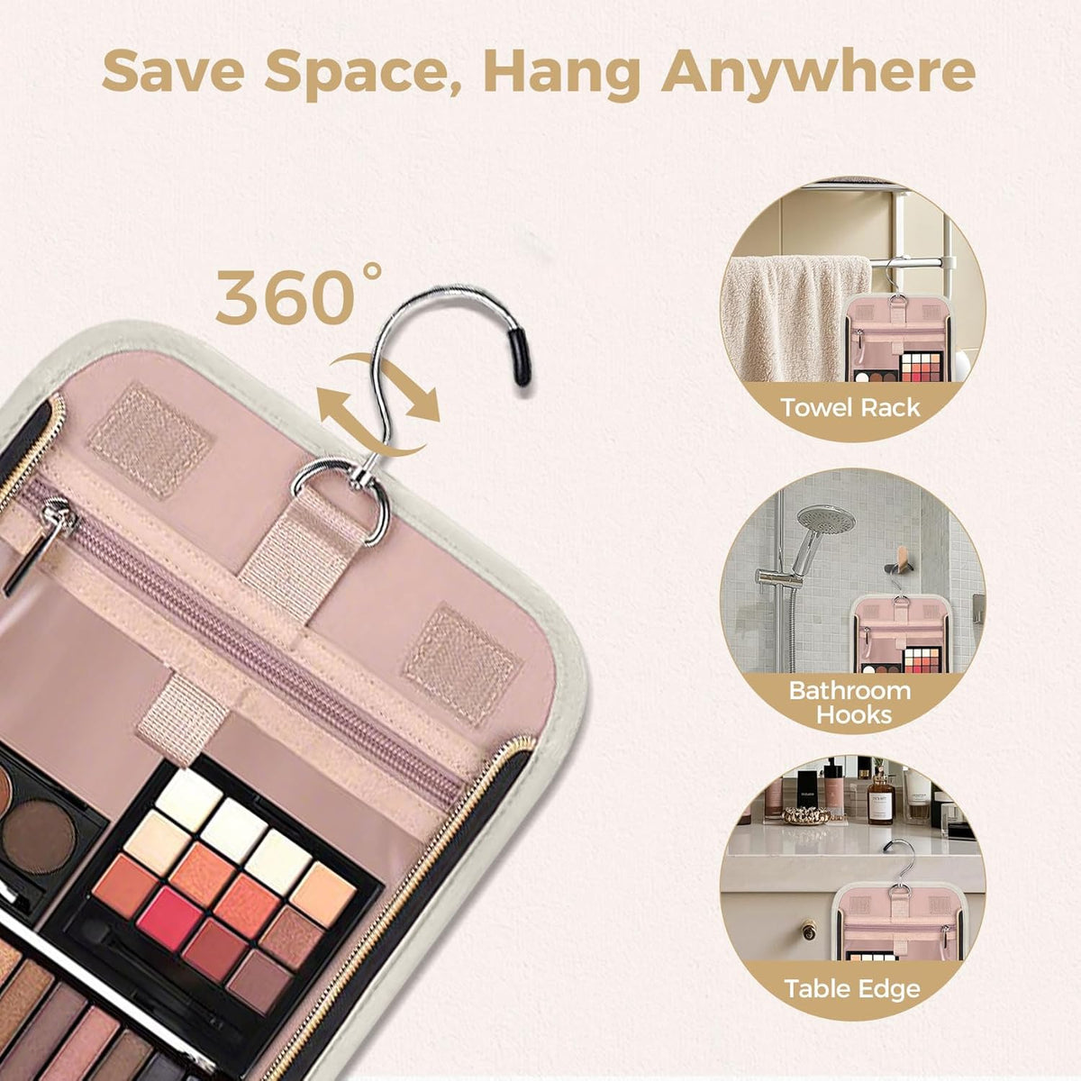 Hanging Toiletry Bag & Makeup Bag for Women with Jewelry Organizer - TSA Approved Large Capacity Travel Cosmetic Organizer, Waterproof Shower Essentials Case with Transparent Pockets, Beige