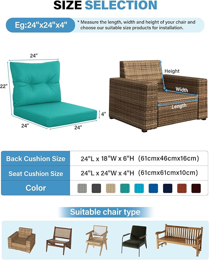 YEFU Olefin Outdoor Chair Cushions: Fade Resistant Outdoor Seat Cushion 24 x 24 - All Weather Patio Furniture Cushion with Ties - Deep Seat Patio Cushions for Chair Sofa Couch(Teal)