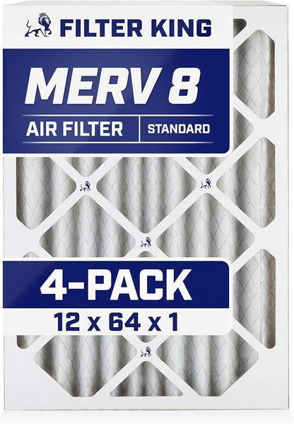 Filter King 12x64x1 Air Filter | 4-PACK | MERV 8 HVAC Pleated A/C Furnace Filters | MADE IN USA | Actual Size: 12 x 64 x .75"