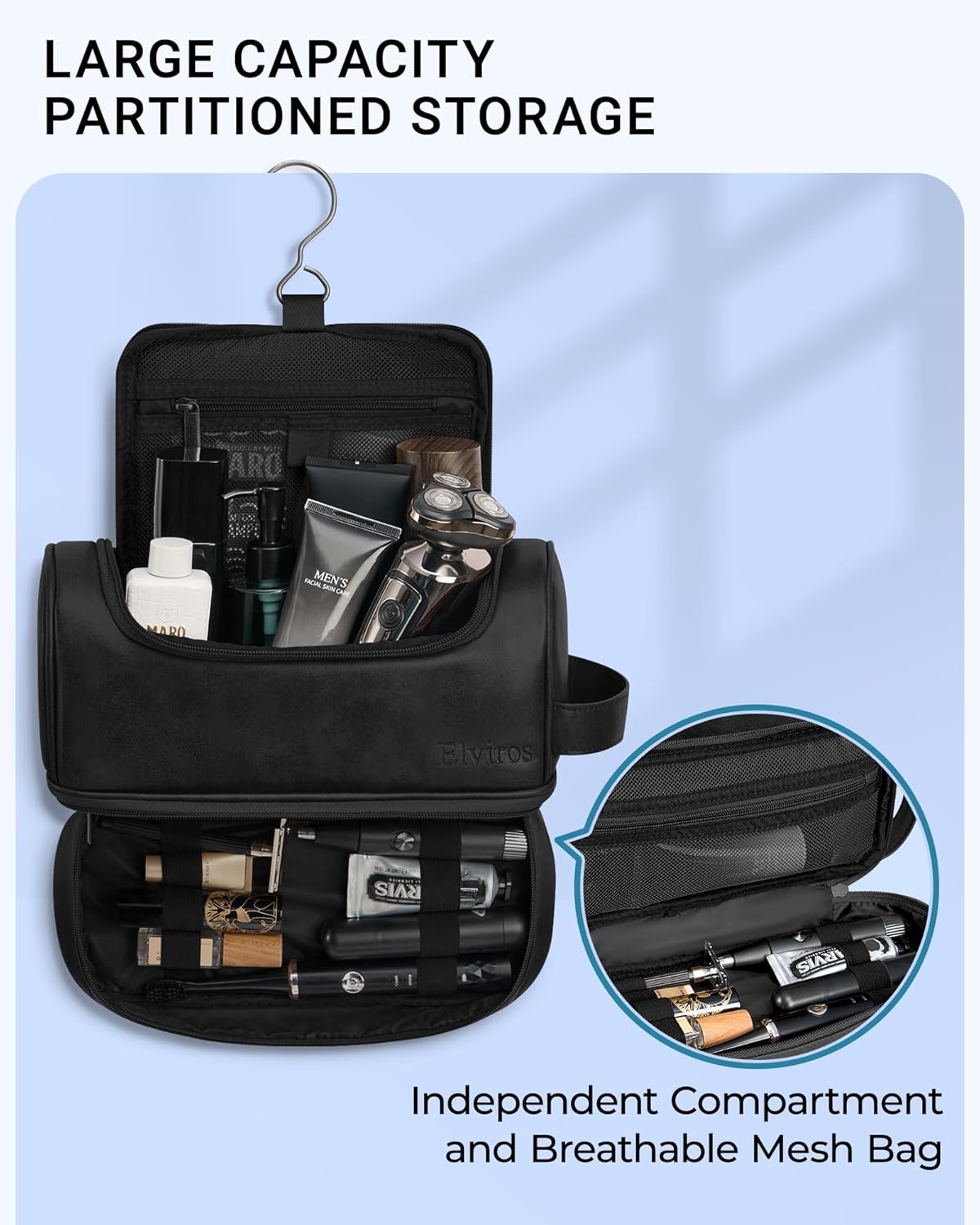 Elviros Toiletry Bag for Mens PU Leather Travel Organizer Kit with Hanging hook, Large Water-resistant Toiletries Bathroom Shaving Bags(Extra Large, Black)