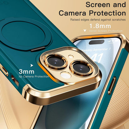 COOLQO for iPhone 15 Case 6.1'' Upgraded 360° Spin Magnetic Stand [Compatible with Magsafe][Military Protection] Plating Matte Scratch-Resistant Back Protective Shockproof Phone Case, Green Gold