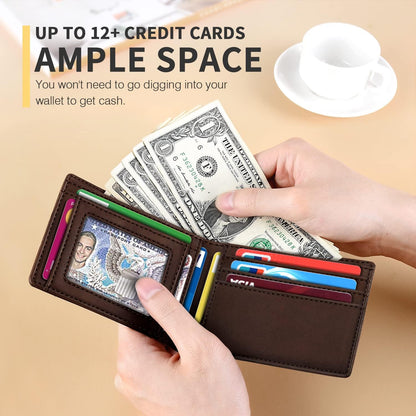 RUNBOX Novelty Wallet for Men Slim 11 Credit Card Holder Slots Leather RFID Blocking Small Thin Men's Wallet Bifold Minimalist Front Pocket Large Capacity Gift Box